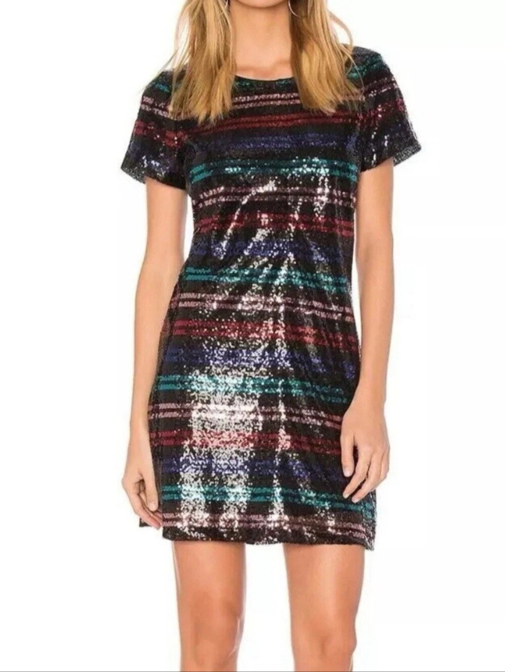 Sequin Rainbow Stripe Mini Dress Size XS Homecoming Glam 70s Disco Revival